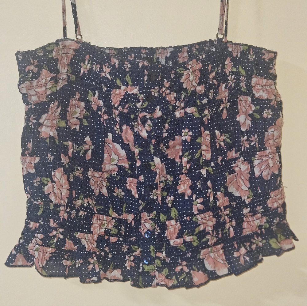 barbados Navy  Floral Smocked Cami Top with Pink Rose Print